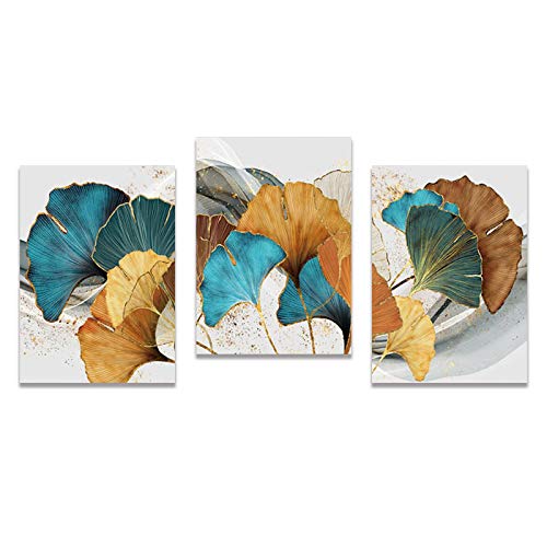 Art mural abstrait moderne feuille plante or bleu vert pour salon