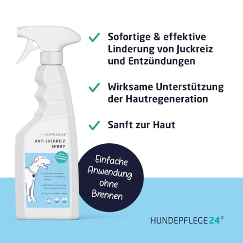 Hundepflege24 Anti Juckreiz Spray für Hunde 500ml - Akute Soforthilfe & wirksame Beruhigung bei Entzündung, Milben, Grasmilben, Pilzen, Flöhen - Haustierpflege Mittel gegen Juckreiz Hund