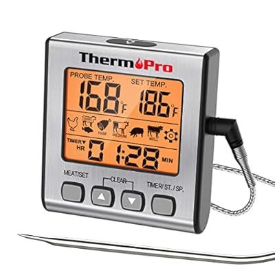ThermoPro TP-16S Digital Meat Thermometer Smoker Candy Food BBQ Cooking Thermometer for Grilling Oven Deep Fry with Smart Kitchen Timer Mode and Backlight