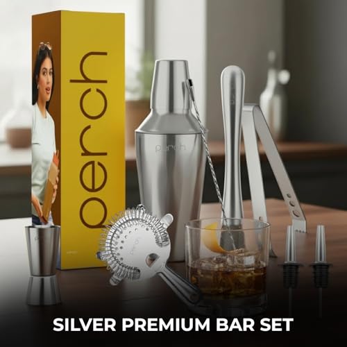 Image of O' Holic by Perch Craft 8-Piece Stainless Steel Bartender Kit|Premium Cocktail Shaker Set with Jigger 30 /60ml, Spoon,Pourer,Ice Tong, & Bar Tools|Professional Bar Set for Home &Tour Parties|Silver