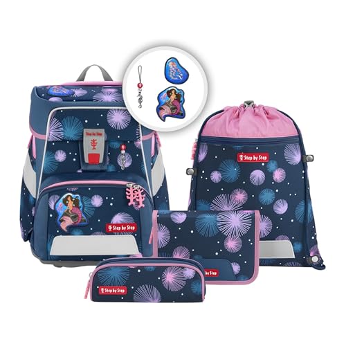 Step by Step Schulranzen-Set SPACE Mermaid Delia 5-teilig blau-rosa Meerjungfrau-Design ergonomischer Tornister mit Reflektoren höhenverstellbar mit Hüftgurt für Mädchen ab der 1. Klasse 20L