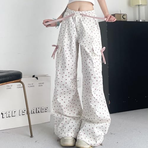 Hewlshawn Women Pants Casual Baggy Floral Pattern Drawstring Elastic Waist Wide Leg Trousers with Pockets4