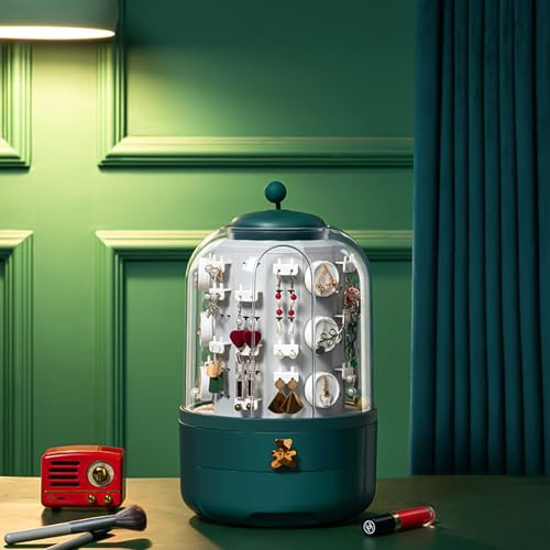 Boîte à bijoux rotative en plastique vert avec porte-boucles d'oreilles