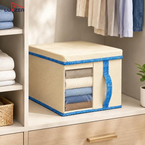 Image of Lukzer 1 PC Wardrobe Organizer for Clothes, 20L Foldable Non-Woven Fabric Storage Box with Lid, Clear Window & Front /Back Handles | Almirah Cupboard Organizer for Jeans, Sweaters & Sarees - Beige /Blue