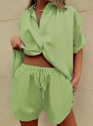 Image of Fixmatti Women 2 Piece Outfits Long Sleeve Button Down Blouse and Shorts Sweatsuit Sets
