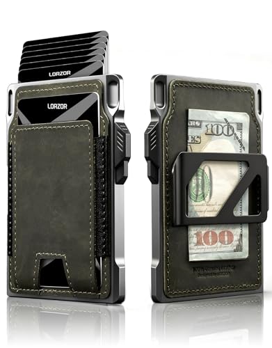 LORZOR Slim Tactical Wallet for Men- Minimalist Full Grain Leather Wallet for 10 Cards, RFID Blocking Aluminum Cardholder, Smart Pop Up Card Case, Front Pocket, Money Clip, Gift for Men(ArmyGreen)