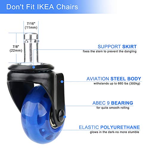 8T8 Replacement Office Chair Caster Wheels 3", Heavy Duty, Set Of 5, Soft Pu Rubber Casters, Safe For Hardwood Carpet Floors (Blue Transparent) #TOP2