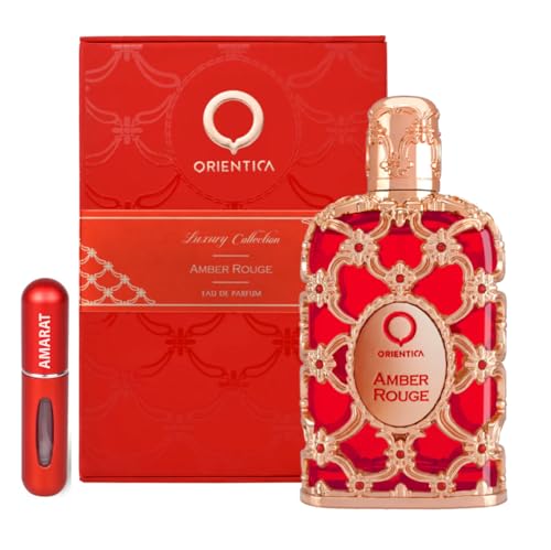 Perfume Amber Rouge, Perfume Árabe Unisex de Larga Duración, Eau de Parfum Incluye Atomizador Recargable 5ML, Fragancia Amaderada Especiada con Notas de Azafrán, Jazmín y Ámbar (Amber Rouge)