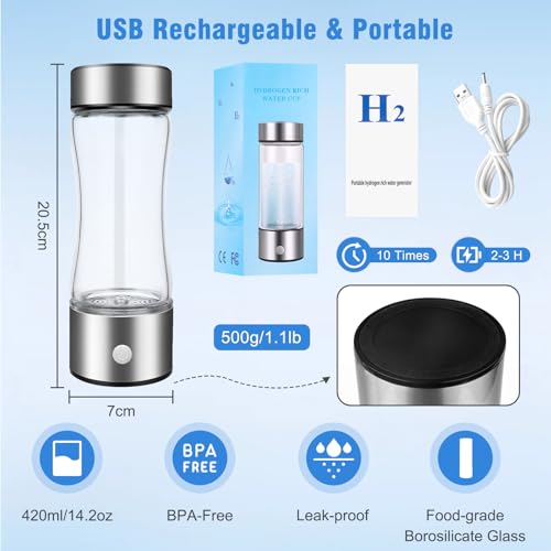 Hydrogen Water Bottle 420ML, 3-Min Hydrogen Water Generator With Usb Rechargeable Battery, Spe Tech Electrolysis, Portable Hydro Bottle For Home Office Gym Travel - 5