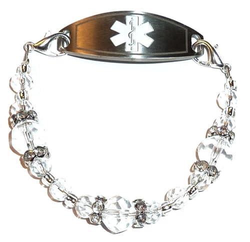 Hidden Hollow Beads Women\'s Beaded 6\" Medical Alert ID Interchangeable Replacement Bracelet, Identification Vital info (Crystal, 5.5 inch)