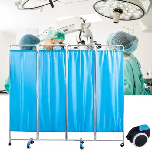 Blue Folding Screens and Room Dividers 4 Panel, Free Standing Rolling Privacy Screen Medical on Wheels, Large Stainless Steel Door Partition