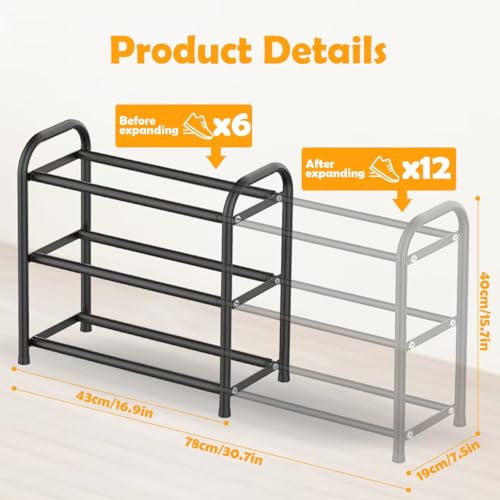 Étagère à Chaussures 3 Niveaux, Extensible Porte Chaussures en Métal Réglable de 43 à 78 cm, Rangement Chaussure pour 6-12 Paires de Shoes, Shoe Rack pour Entrée Placard Garage Couloir – Image 3