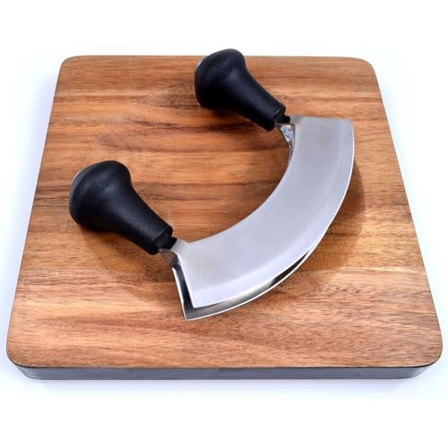 Wiegemesser, Kräutermesser, Biegemesser, Wiegemesser Zweischneidig, Klinge für Kräuter, Gebogener Kräuter Zerkleinerer, 17cm Kräuter und Pizzaschneider zum Zerkleinern von Kräutern and Gewürzen