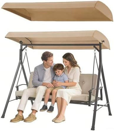 Waterproof Swing Seat Canopy for 2/3 Seater Garden Chair, Khaki Porch Top Cover, Hammock Roof, 158x118cm (62x46.4in) - Durable Outdoor Shade Solution