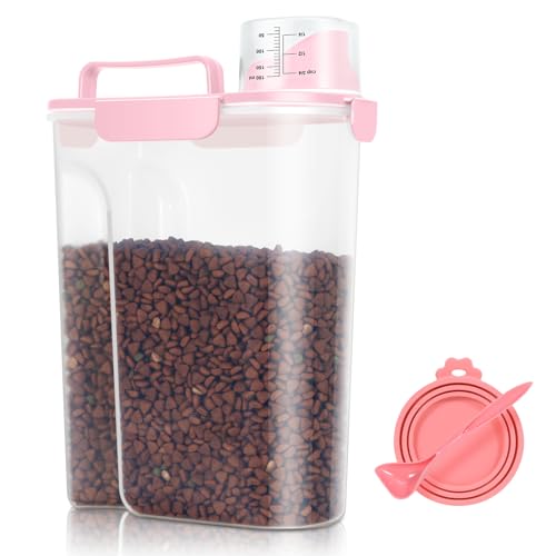 Pet Dog Cat Food Storage Container 5 to 7 lbs with Can Cover and Mixing Spoon, Airtight Pet Food Storage Dispenser with Large Spout & Measuring Cup for Kibble Dog Treat Bird Seed Container -Pink