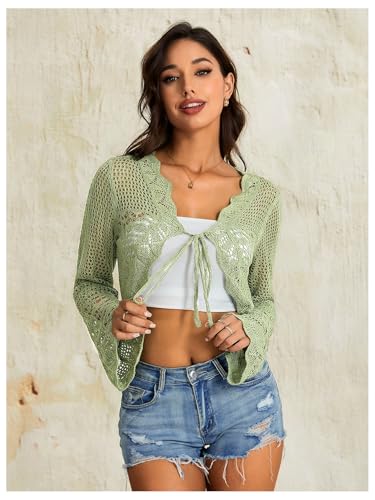 Image of OYOANGLE Women's Crochet Tie Front Sweater Cardigans Bell Sleeve Knitted Cropped Bolero Shrug Cardigan
