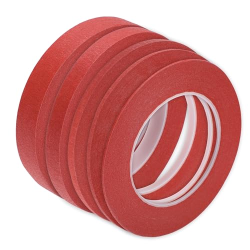 Image of Motoforti Universal Painters Tape Masking Master Tape 0.15cm /0.3cm /0.6cm /1.2cm /1.9cm x 55m Easy Removal Crepe Paper Red 5 Pcs