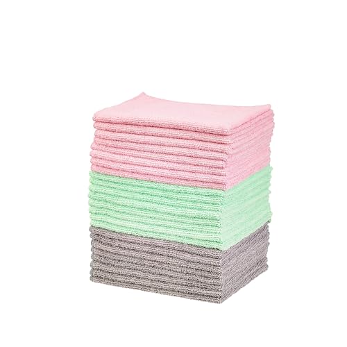 Amazon Basics Microfiber Cleaning Cloths, Non-Abrasive, Reusable and Washable, Pack of 24, Green/Gray/Pink, 16″ x 12″