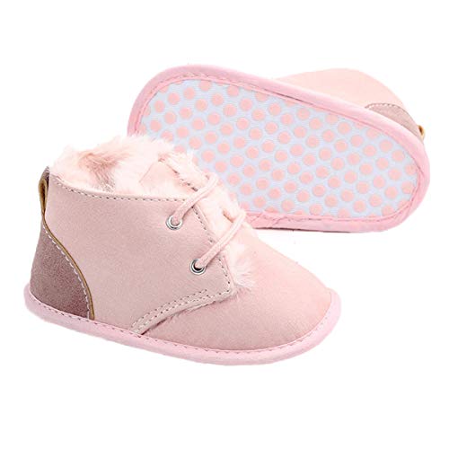 VIENNAR Baby Booties Newborn Boy Girl Shoes Winter Warm Fur Lining Non-Slip Lace Up Prewalker Boots (Pink, 6-8 Months)