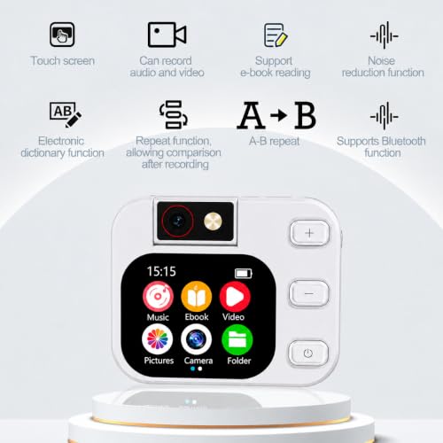 Image of Cason Mini MP3 Music Player with Bluetooth & 180 Rotating Mini Camera,Touch Screen Audio Player with Built-in Speaker, Pocket-Sized MP3 Player with FM Radio,E-Book -Expanded Up to 128GB (White)
