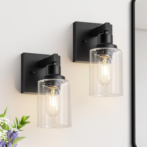 Image of Set of 2 Wall Sconces for Bathroom, Black Bathroom Vanity Light,Modern Wall Sconces Indoor with Clear Glass,Farmhouse Wall Lamp for Bedroom Living Room Mirror Hallway