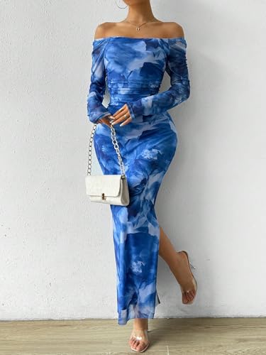 Image of LIGHT DOT Women's Printed Off Shoulder Maxi Dress Long Sleeve Bodycon Ruched Mesh Cocktail Dress