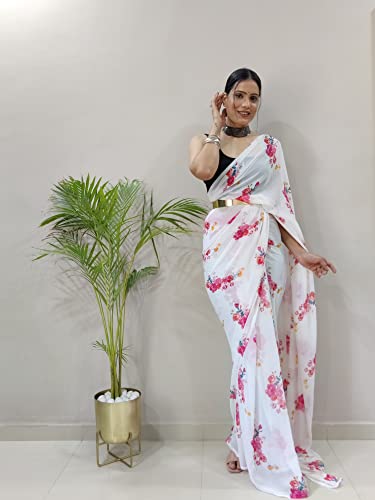 Shiv Textiles Women Floal Printed Georgette Zip And Go Pre-Stitched Saree  Effortless Wear & Comfort  Ready To Wear Saree