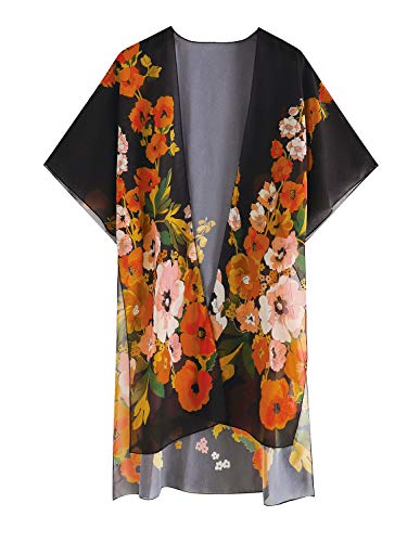 Dauveg Quimono feminino longo de chiffon cardigã Boho floral 0 caneta capa frontal xale, 1 preto, S