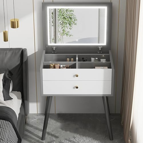 HOMEd - Escritorio de maquillaje con espejo LED ajustable, mesa de tocador móvil con 2 cajones, tocador compacto para belleza y aseo (16 pulgadas)