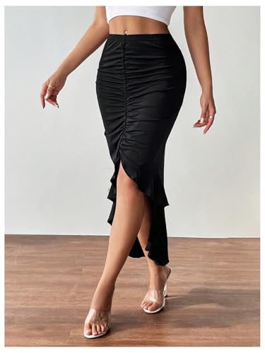 Floerns Women's High Waist Asymmetrical Ruched Ruffle Hem Fishtail Long Skirt4