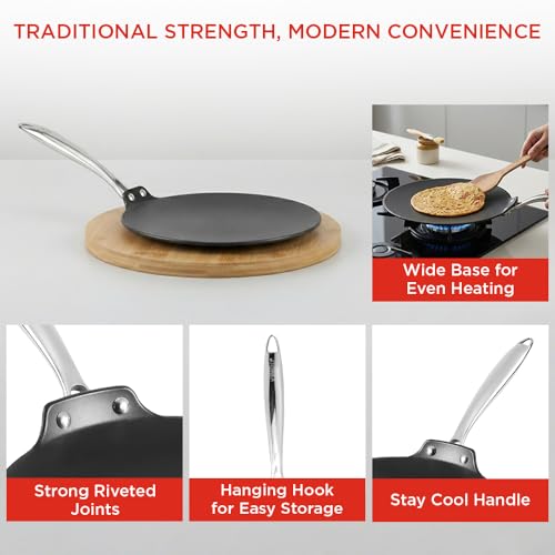 Image of Vinod Ferona Lightweight Cast Iron Roti Tawa - 26 cm | No Seasoning Required | Naturally Stick-Free | Steel Riveted Handle | Metal Spoon Safe | Gas Stove Compatible | No PTFE & PFOA | 2-Year Warranty