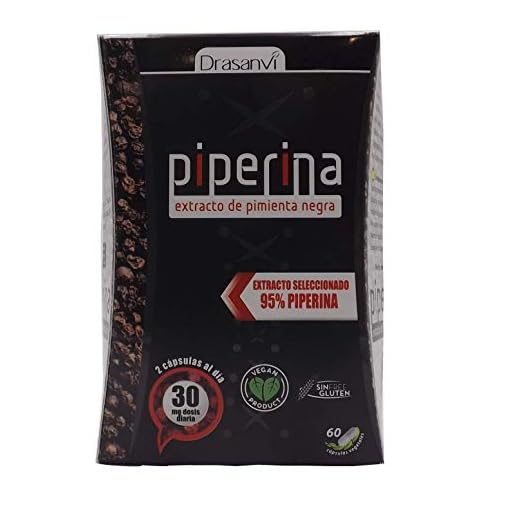 Drasanvi Piperina Forte 60 cápsulas, formulado con un 95% de extracto de pimienta negra. Promueve la pérdida de peso rápidamente Productos con poderosos efectos para quemar grasa (termogénicos).