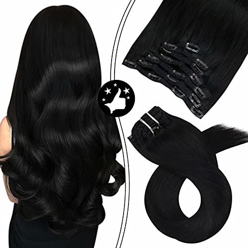 Black Hair Extensions Clip in, Moresoo 18inch Black Human Hair Extensions Natural Double Weft Clip in Extensions Full Head Thick Hair 7Pieces/100Grams Jet Black Human Hair Extensions Clip in