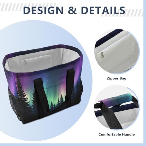 Large Waterproof Travel Tote Bag for Women Men, Aurora Borealis Forest Galaxy Canvas Beach Bag with Lining & Pockets - Reusable Grocery/Laundry/Kitchen/Pool/Picnic Tote (15.4x9.8x12.8in)4