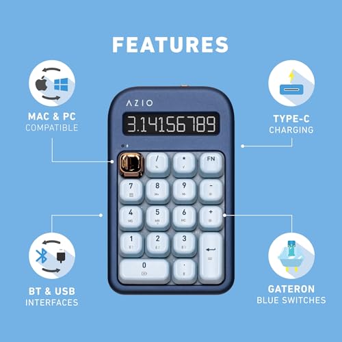 Image of AZIO IZO Wireless Mechanical Calculator & Number Pad - Bluetooth 5.0 & USB, Gateron-Blue Mechanical Switch, 9 Backlight Modes, Rechargeable, PC & Mac Compatible, Blue Iris (IN105)