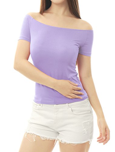 Allegra K Women s Short Sleeves Off The Shoulder Solid Crop Top Small Lavender