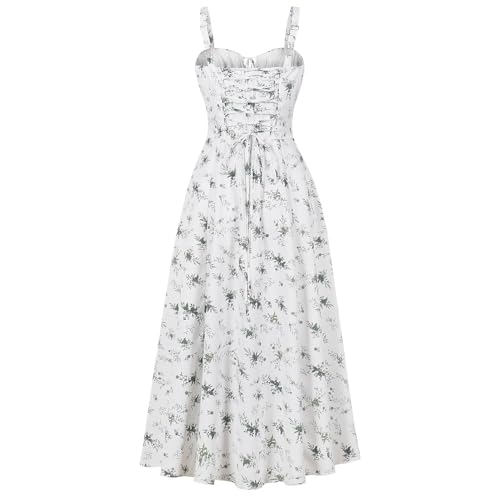 Image of Women Floral Corset Dress 2026 Boho Midi Sundress Summer Dress | Flowy A-Line Dress with Adjustable Spaghetti Straps Lace Up Back Front Slit High Waist for Vacation Wedding Guest