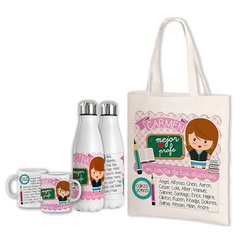 Pack regalos profesores - Bolsa de tela + Botella + Taza. Modelo ORIGINAL-PROFESORA. Regalos para profesores. Ideal para regalar en fin de curso. Regalos personalizados y originales para profes.