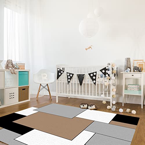 Mid Century Modern Area Rug For Bedroom Living Room- Brown Black Grey White Geometric Abstract Art Contemporary Floor Carpet Comfy Runner Rug Nursery Playmats Home Decor Mat, #TOP2