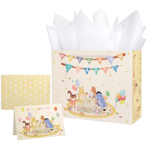 Crisky 13 Large Winnie Gift Bags with Tissue Paper and Greeting Card for Baby Shower Kids Boy and Girl Birthday Parties