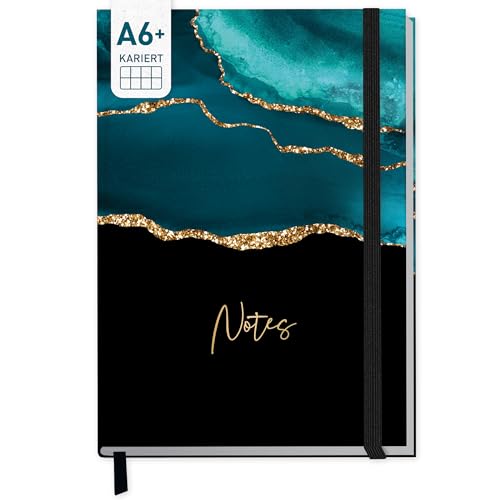 paper&you® Notizbuch kariert A6+ mit Gummiband 'Shiny Teal' mit 156 Seiten, 78 Blatt - Notizheft, Journal, Tagebuch - nachhaltig & klimafreundlich