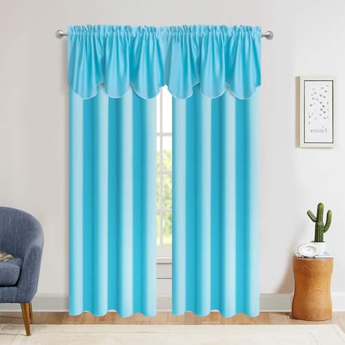 Aquazolax Fall Curtain Valances for Kitchen - Blackout Rod Pocket Window Treatment Tier for Living Room/Bedroom, 52" Wide x 18" Length, 2 Panels, Turquoise