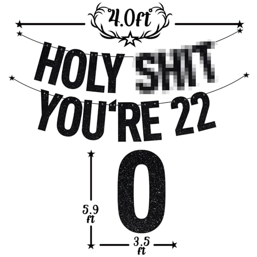 Image of Black Glitter Holy Sh*t You're 22 Banner, Happy 22nd Birthday /Cheers to 22 Years, Funny 22nd Birthday Party Decorations Supplies