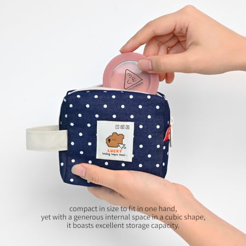 Image of Monolike Happy and Lucky Denim Dot Cube Pouch, Navy - Makeup Bag, Cosmetic Bag, Travel Bag, Toiletry Bag, Organizer, Storage Bag