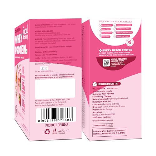 Image of Foodstrong Whey Protein Powder (Concentrate + Isolate), 100% Hormone Free Grass-Fed Whey, 26G Protein & 6.6G BCAA, Strawberry, With Turmeric & Digestive Enzymes, 6 Sachets, 210G