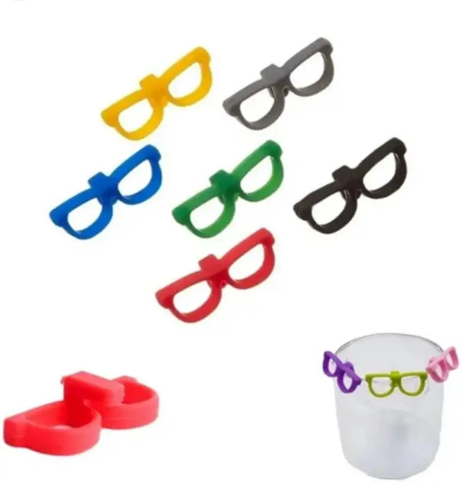 Marcadores de Taça em Silicone, 6 Peças, Formato de Óculos, Coloridos
