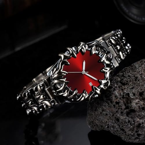 Image of Gothic Watch for Men - Crimson Eclipse, Sunburst Dial Stainless Steel Designer Wrist Watch, Stylish Fashion Watch