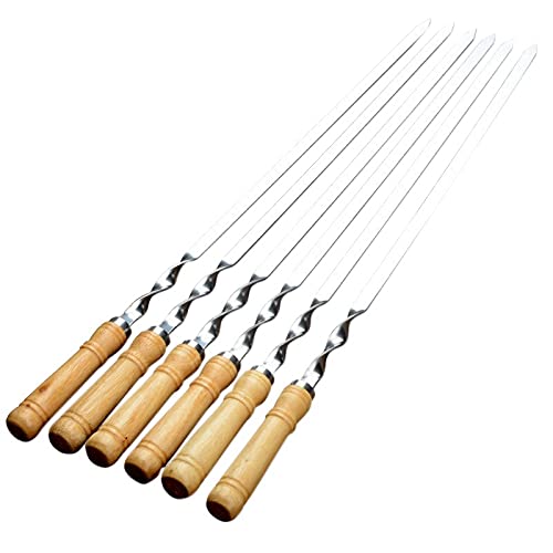 6 pinchos de barbacoa de acero inoxidable de 55 cm con mango largo, palos de barbacoa de madera para asar al aire libre, perfectos para pinchos de carne y verduras