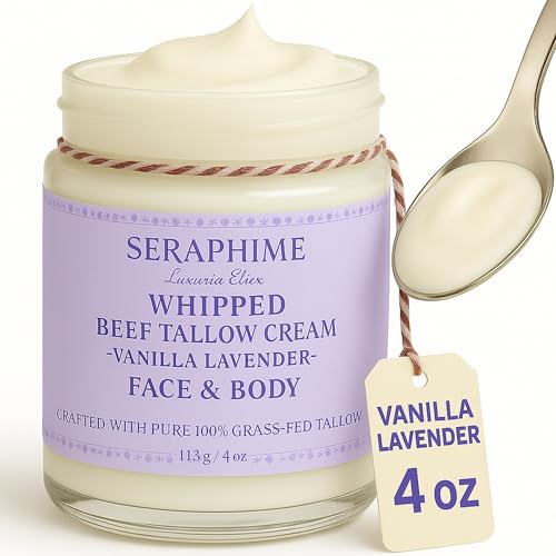 Image of Seraphime Whipped Beef Tallow for Skin Care, Organic Pure Grass Fed Beef Tallow Moisturizer Cream for Face & Body Lotion, Cow Tallow with Niacinamide, Shea Butter & Aloe, Vanilla Lavender 4oz