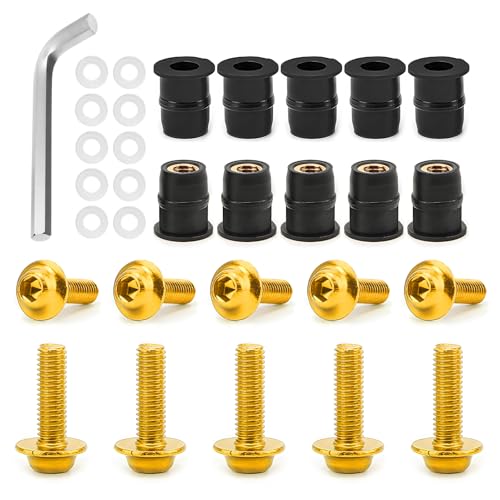 PKOLSFE 10PCS Motorcycle Windshield Bolt Screw Kit, M5 Motorcycle Windscreen Body Fasteners Mounting Bolts with Wrench, Aluminum Alloy Windshield Screws Set for Motorbike Fairing (Golden)